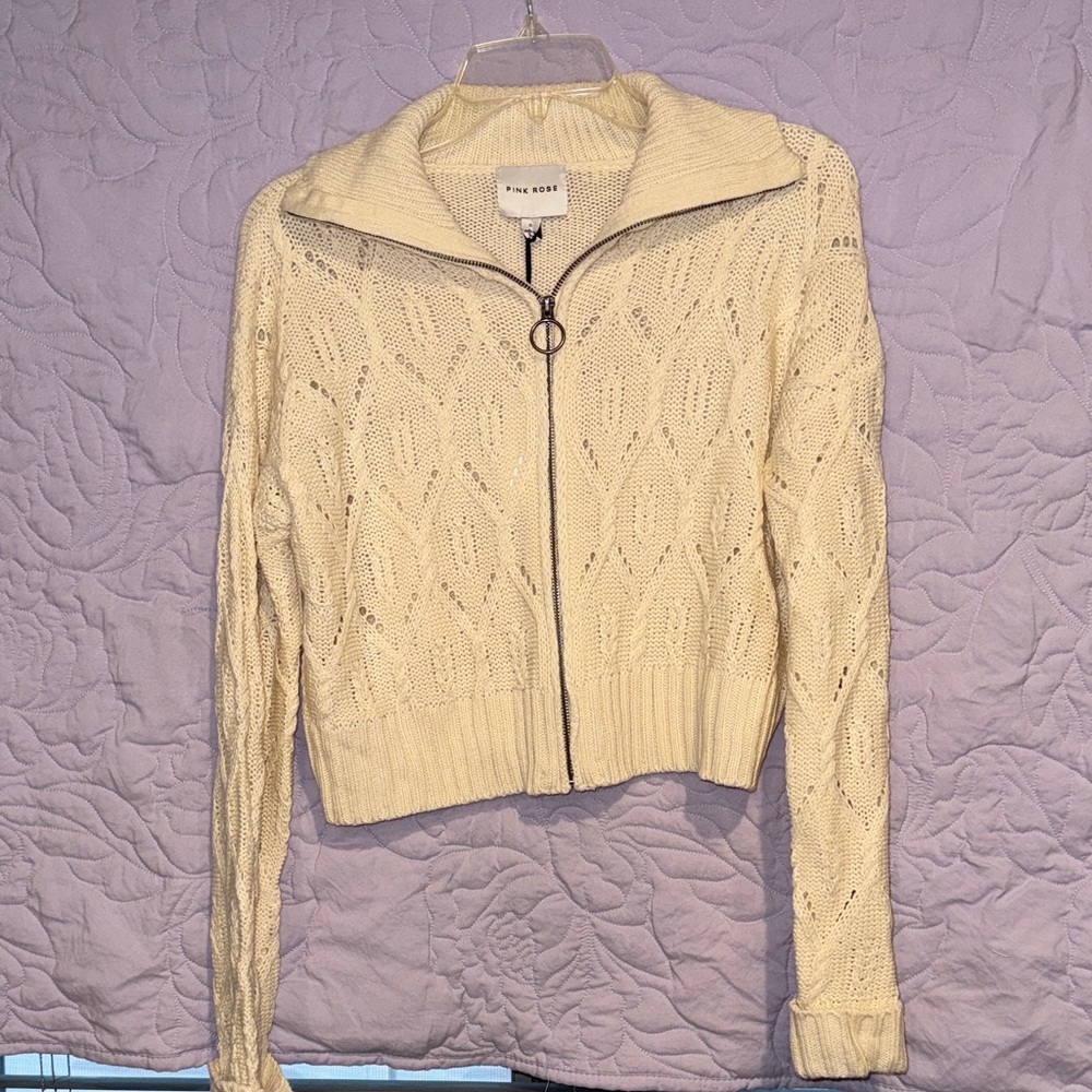 Pink Rose Cream Zip-Up Cardigan